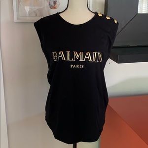 Balmain Paris black tank T-shirt logo gold 8 FR 40